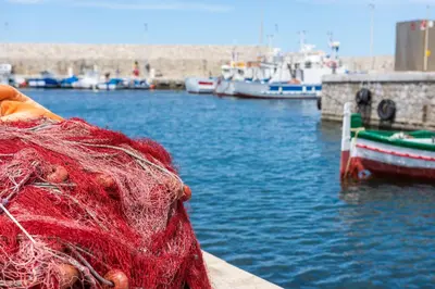 a person holding a red net in a harbor at La Casetta sul Mare in Isola delle Femmine