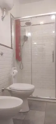 a bathroom with a shower and a toilet and a sink at Luxury Apartment Via Genova in Palermo