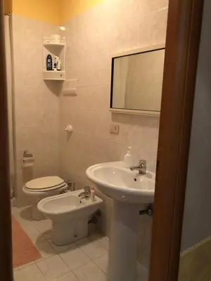 a bathroom with a sink and a toilet and a mirror at Un Nido Tra Mare e Monti in Partinico