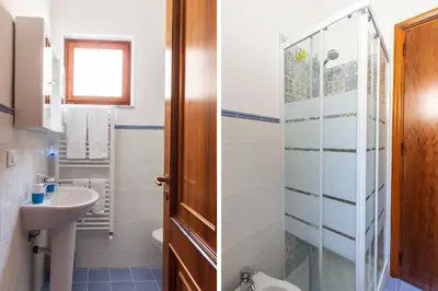 two images of a bathroom with a sink and a toilet at Mondello Sabrina Apartments in Mondello