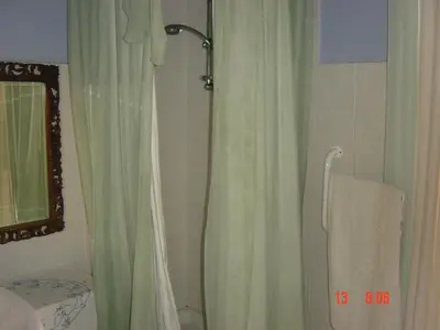 a bathroom with a shower with a green shower curtain at Rosella Bianchi in Palermo