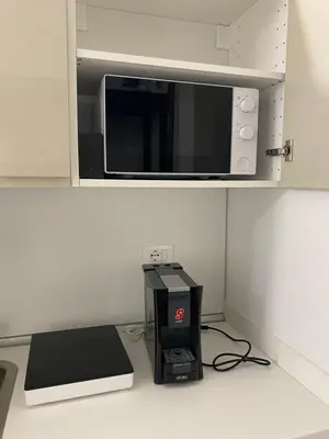 a microwave oven sitting above a printer on a counter at Delle Palme Rooms elegante monolocale in centro in Palermo