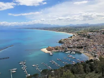 an aerial view of a harbor with boats in the water at Villa Tenute Aversa by Interhome in Castellammare del Golfo