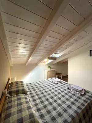 a bedroom with a large bed in an attic at Flyhouse PARCHEGGIO AUTO BICI GRATUITO in Piana degli Albanesi