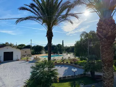 two palm trees next to a swimming pool at Villa Piruzzu CV Torre Mulinazzo app P in Cinisi