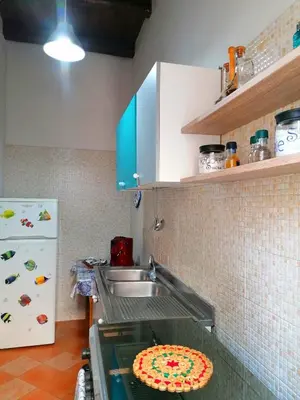 a kitchen with a sink and a pizza on the counter at N'Amuri di Casa in Palermo