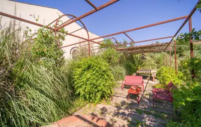 a person standing in a garden with red chairs at Cerasuola in Alia