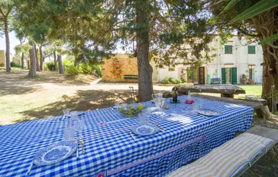 a blue and white checkered table set up under a tree at Biancolilla in Alia