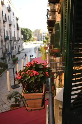 a planter with red flowers is on a balcony at Boutique B&B Vintage in Palermo