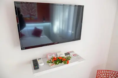 a flat screen tv on a wall with flowers on a shelf at Corallo Rosso B&B in Terrasini