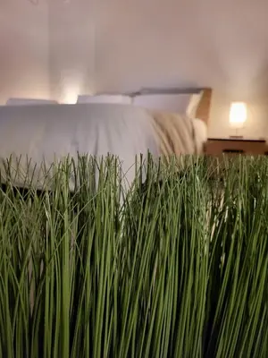 a pile of tall green grass in front of a bed at Giovenchi’s Apartment in Palermo