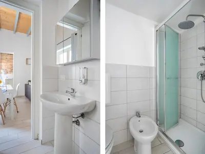 two images of a bathroom with a sink and a toilet at Casa dei Quattro Canti B&B in Palermo
