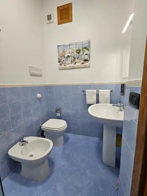 a blue tiled bathroom with a toilet and a sink at LA CASA DI VIOLA in Palermo