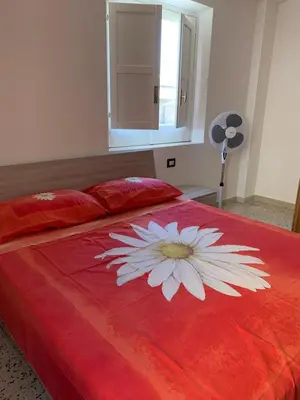 a bedroom with a red bed with a flower on it at Casavacanze Alba in Alcamo