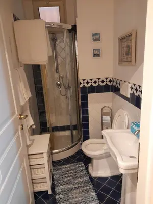a bathroom with a shower and a toilet and a sink at Belvedere in Palermo