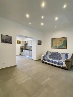a large room with a bed and a kitchen at Lilibet Apartment in Palermo