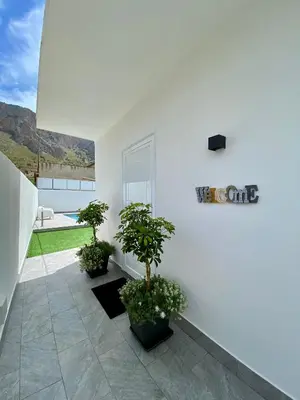 a white building with potted plants on a patio at Katy's Holiday House, Private Villa and Pool in Terrasini