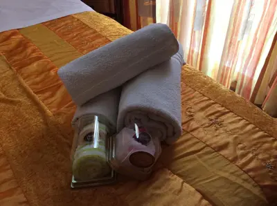 a mask on a bed with a towel on it at Albergo Verdi in Palermo