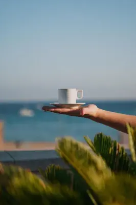 a person holding a coffee cup with the ocean in the background at Hotel Piccolo Mondo in San Vito lo Capo