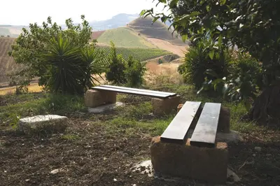 a bench sitting on top of a hill with a view at Masseria Baglio Perciata in Camporeale