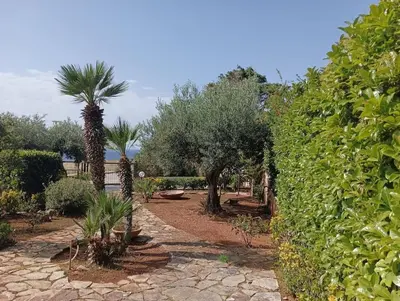 a garden with palm trees and a stone path at Casa VISTA MARE in Macari