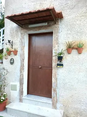 a brown door on the side of a building with potted plants at Aromi di Sicilia Casa Vacanze in Palermo