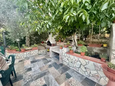 a patio with potted plants and a stone wall at Aromi di Sicilia Casa Vacanze in Palermo