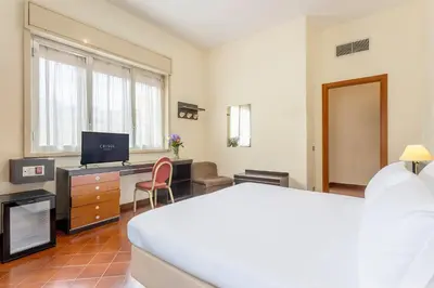 a bedroom with a bed and a desk with a television at Crisol Europa in Palermo