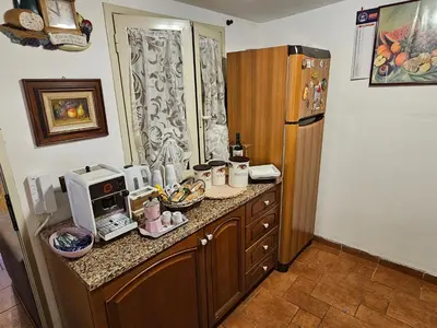 a kitchen with a counter with a microwave and a refrigerator at La Dependance delle Mimose in Isola delle Femmine