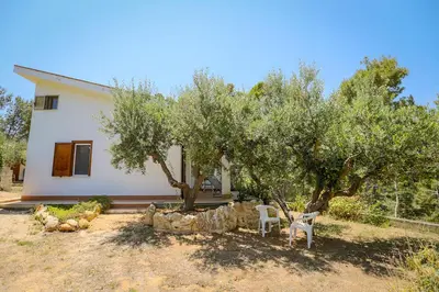 a house with a tree and two chairs under it at Casale la Macina Residence Scopello in Scopello