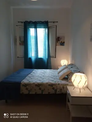 a bedroom with a bed with a blue curtain at La Casa sul Mare in Balestrate