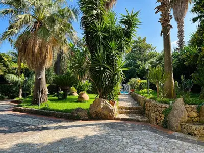 a garden with palm trees and a stone path at Villa Talìa in Carini