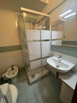 a bathroom with a toilet and a sink and a shower at Central Cathedral Apartment in Palermo