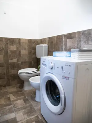 a bathroom with a washing machine and a toilet at Pacini Deluxe Apartment in Palermo