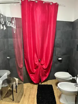 a red shower curtain in a bathroom with a toilet at Casa Niní in Campofelice di Roccella