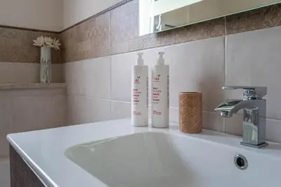 two bottles are sitting on a sink in a bathroom at Appartamento Libertà con Terrazza by Wonderful Italy in Palermo