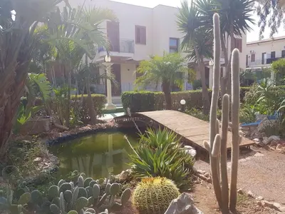 a garden with a cactus and a wooden bridge at Coral sea B2 in San Vito lo Capo