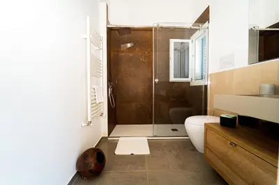 a bathroom with a shower and a toilet and a sink at Villa Giulietta in Scopello