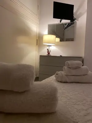 a bedroom with white towels on a bed with a television at Rosa Apartament in Palermo