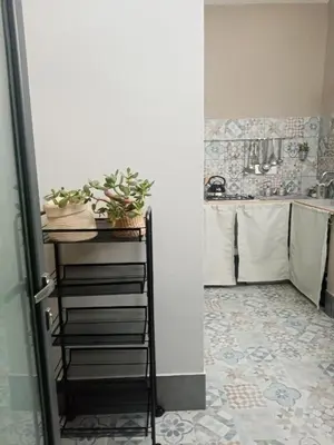 a kitchen with a counter and a shelf with plants at Casa Allegra in Palermo