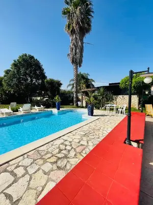 a red carpet leading to a swimming pool with a palm tree at Villa Inserra Deluxe in Palermo