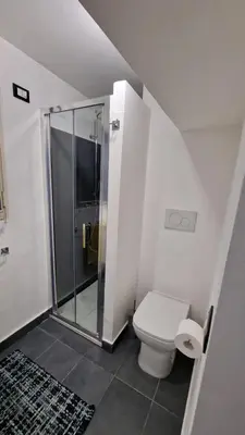 a white bathroom with a shower and a toilet at Virginia House 3 in Palermo