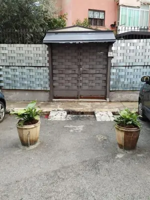 two potted plants in front of a garage at La casetta dei limoni in Palermo