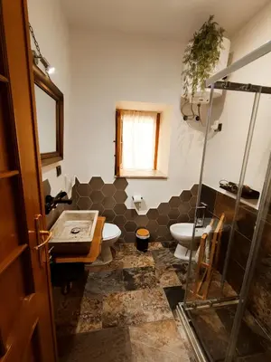 a bathroom with a shower and a sink and a toilet at Sicula Liz & Lulù in Palermo