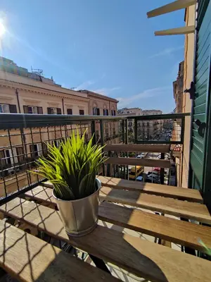 a potted plant sitting on a wooden bench on a balcony at Room Sixty One in Palermo
