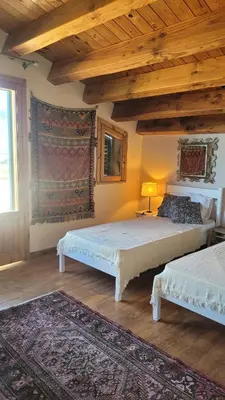 a bedroom with two beds and a rug at Villa Jesabel in Scopello