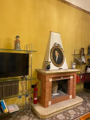 a living room with a fireplace with a portrait of a man at Amari 106 in Palermo