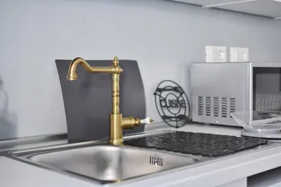 a kitchen sink with a gold faucet next to a microwave at iFlat Dimora del Cassaro in Palermo